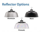 Three industrial-style pendant high bay lights with aluminum reflective domed shades in black for led high bay use