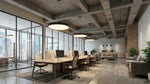 Modern minimalist office with exposed concrete beams illuminated by a 36 inch led round pendant light in black