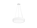 Modern white led round pendant light with sleek metallic chains and minimalist design in white finish