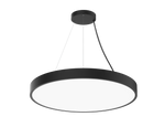 Modern black led round pendant light with sleek minimalist design and bright white illuminated center 36 inch size