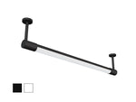 A modern linear LED light fixture with a matte black finish and a white diffuser, shown against a plain white background with two small color swatches in the bottom-left corner.