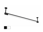 A modern linear light fixture with a matte black frame and a white diffuser tube, shown against a plain white background with two small color swatches in the bottom-left corner.