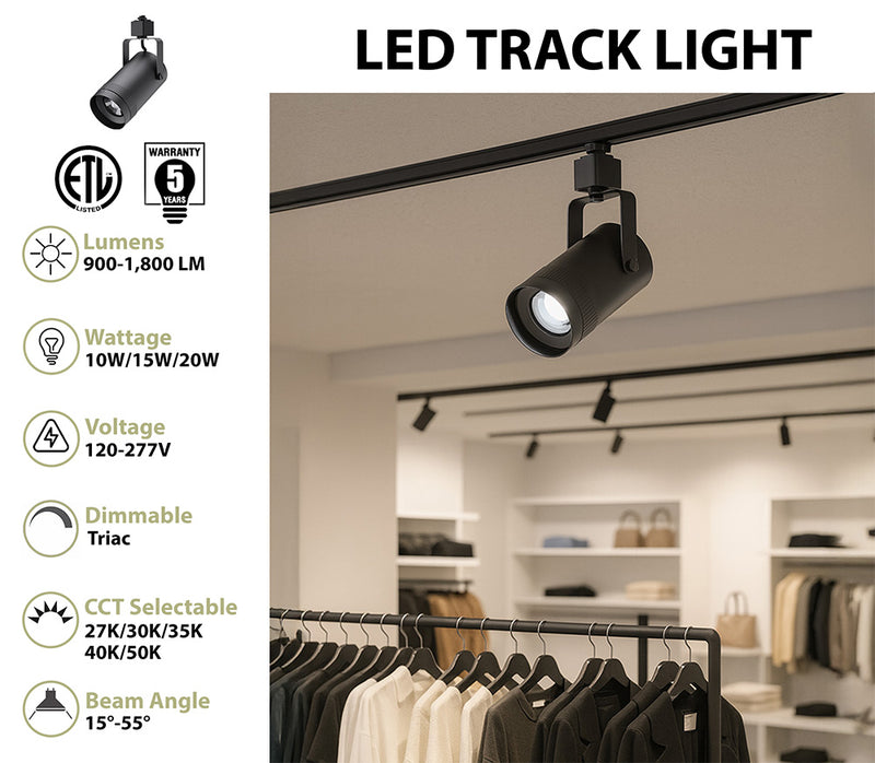 LED Track Light, 1800 Lumen Max, Wattage and CCT Selectable, Adjustable Beam Angle 15°-55°, 120V, Black Housing