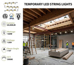 Temporary led stringer work lights 100ft with sleek black and yellow design 20000 lumens bright white 5000k color temperature