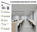 4 FT LED Linear Suspended/Grid Mount Fixture, 1" Wide, 2300 Lumen Max, Wattage and CCT Selectable, 120-277V, White or Black