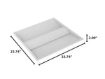 White rectangular jewelry tray with two compartments and cylindrical divider shown with 2x2 led center basket troffer