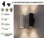 4" LED Architectural Indoor Wall Mount Cylinder Light, 3300 Lumens, 30W Direct/Indirect, CCT Selectable, 120-277V, Black or White