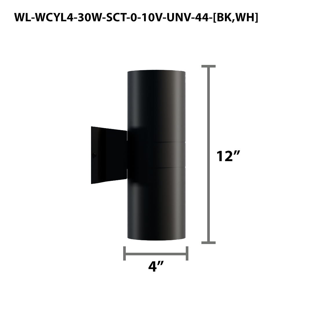4" LED Architectural Indoor Wall Mount Cylinder Light, 3300 Lumens, 30W Direct/Indirect, CCT Selectable, 120-277V, Black or White