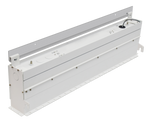 White rectangular ceiling-mounted hvac duct with metallic screws and black cable outlet on the back of 2ft led cove light
