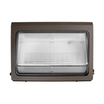 A rectangular outdoor wall light fixture with a dark brown metal housing and a large clear ribbed lens cover, shown against a plain white background.