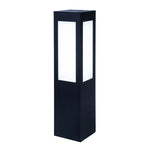 Black rectangular outdoor square bollard long lens lantern with two frosted glass panels emitting soft white glow