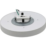 White architectural flush mount ceiling light with round edge-less design and visible central mounting bracket wiring