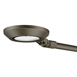 A modern outdoor LED street light with a circular shade, adjustable mounting bracket, and a long cylindrical pole, shown against a plain white background.