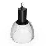 A large industrial pendant light with a ribbed black metal canopy and a clear ribbed glass dome shade, shown on a solid white background.