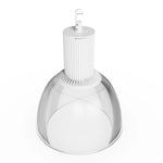 A white industrial pendant light fixture with a ribbed metal dome shade and a central cylindrical neck, shown against a plain white background.