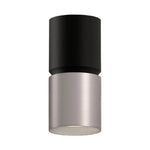 A modern two-tone cylindrical wall or ceiling light fixture with a matte black upper section and a brushed nickel lower section, shown against a plain white background.