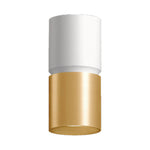 A modern cylindrical wall light fixture with a matte white upper section and a brushed gold lower section, isolated on a white background.