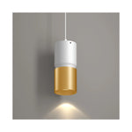 A modern cylindrical pendant light with a white upper shade and a brushed gold lower shade, shown illuminated against a neutral gray background.