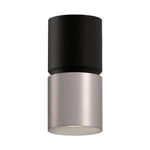 A modern cylindrical wall light fixture with a matte black upper section and a brushed nickel lower section, shown against a plain white background.