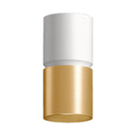 A modern cylindrical light fixture with a matte white upper section and a brushed gold lower section, isolated on a white background.