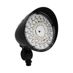 A black outdoor LED floodlight with a circular array of clear and white LED chips visible through a clear lens, mounted on a swivel bracket against a white background.
