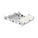 A white industrial LED light fixture with a ribbed metal housing, a large front-facing LED panel, and mounting hardware, shown on a solid white background.