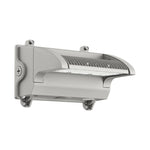 A modern outdoor LED wall light fixture with a silver-gray metal housing, featuring a ribbed diffuser and mounting brackets, shown against a plain white background.