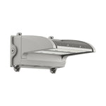 A modern outdoor LED wall-mounted light fixture with a sleek, curved design and a ribbed metal housing, shown against a plain white background.