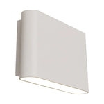 A modern wall-mounted light fixture with a curved, rectangular white shade and a glowing linear LED light strip at the bottom, shown against a plain white background.