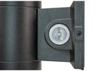 Close-up of a black cylindrical outdoor wall light fixture with an adjustable arm and a circular lens, shown against a white background.