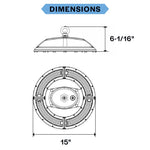 Technical dimension diagram of a circular light fixture with top and bottom views, labeled 'DIMENSIONS' at the top, showing a height of 6-1/16 inches and a diameter of 15 inches on a white background.