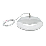 A white circular ceiling light fixture with a coiled white power cord and a silver metal mounting hook, shown on a plain white background.