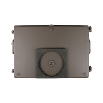 A rectangular gray metal electrical junction box with a circular cover secured by a central screw, shown against a plain white background.