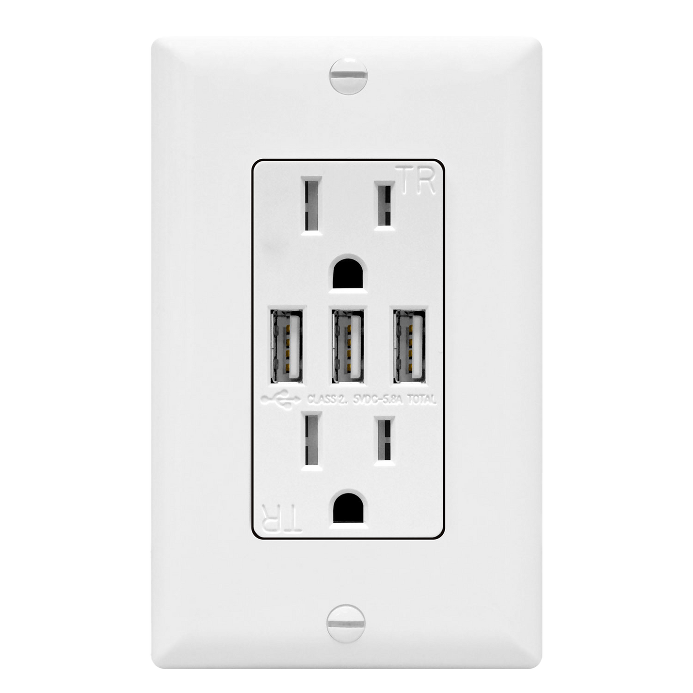 5.8A USB Three Type A Wall Outlet Charger  with 15A Tamper-Resistant Receptacle