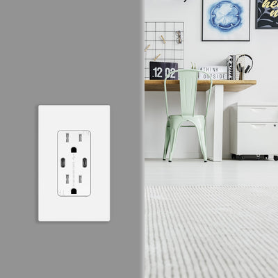 3.6A Dual USB Type C Wall Outlet Charger with 15A Tamper-Resistant Receptacle