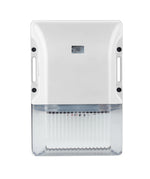 White plastic wall-mounted led small wall pack with clear ribbed housing and black mounting screws with photocell