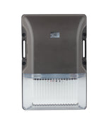 Gray outdoor wall-mounted led small wall pack with photocell featuring a clear plastic diffuser and vertical ridges