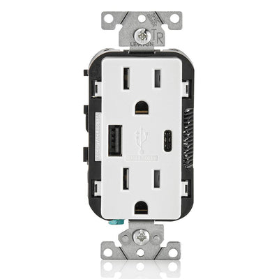 Combination Duplex Receptacle/Outlet and USB Charger. 15 Amp, 125 Volt, Decora Tamper-Resistant Receptacle/Outlet, Back Wired - White