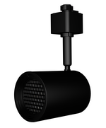 Black cylindrical track lighting fixture with honeycomb louver and black trim ring from atom series with matte finish