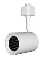 White cylindrical track lighting fixture with honeycomb louver white trim ring and adjustable mounting hardware