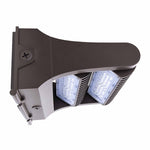 Dark gray industrial led adjustable wall pack with two illuminated panels and curved mounting bracket in bark bronze