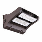 Brown outdoor led adjustable wall pack light fixture with two rectangular panels and ribbed heat sink design