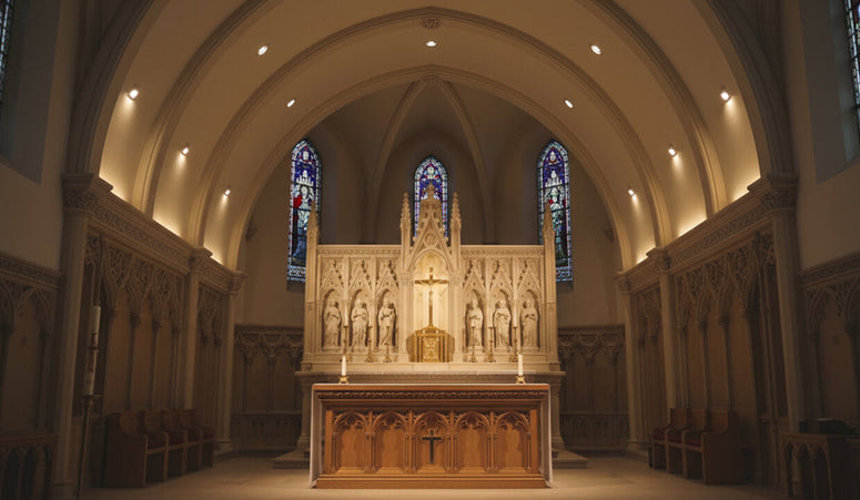 LED stage and platform lighting illuminating the chancel area of a church sanctuary