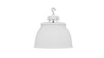 White industrial-style pendant high bay light with dome shade and metallic suspension, 22,500 lumens, Static LED UFO