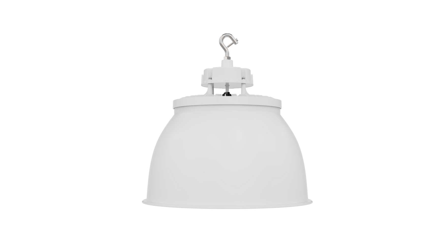 White industrial-style pendant high bay light with dome shade and metallic suspension, 22,500 lumens, Static LED UFO