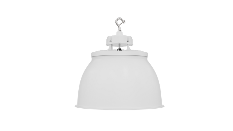 White industrial-style pendant high bay light with dome shade and metallic suspension, 22,500 lumens, Static LED UFO