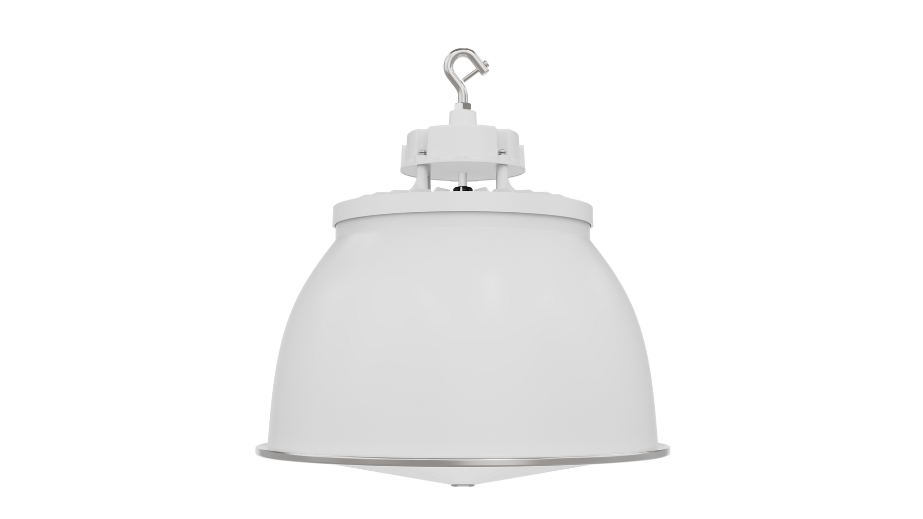 White industrial pendant high bay light with frosted glass dome and metallic mounting hardware in white finish