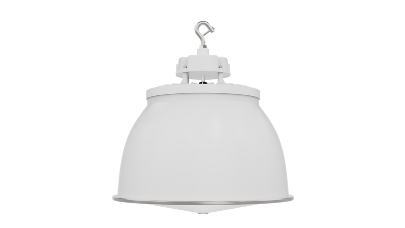 White industrial pendant high bay light with frosted glass dome and metallic mounting hardware in white finish