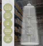 White led static led ufo high bay with circular flat design, integrated hook, 22,500 lumens, 150 watt, 5000K