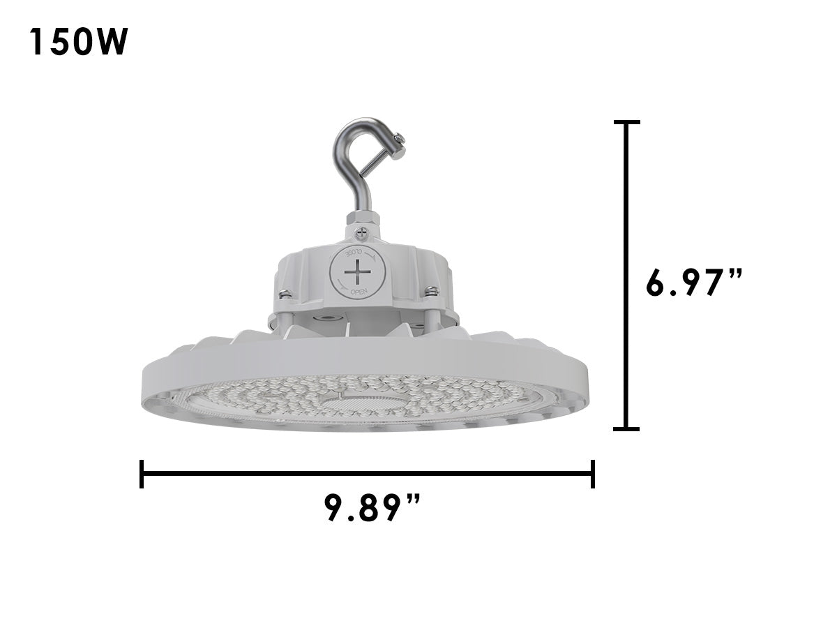 White 150w industrial led high bay ceiling light with metallic hook and circular led array in white finish